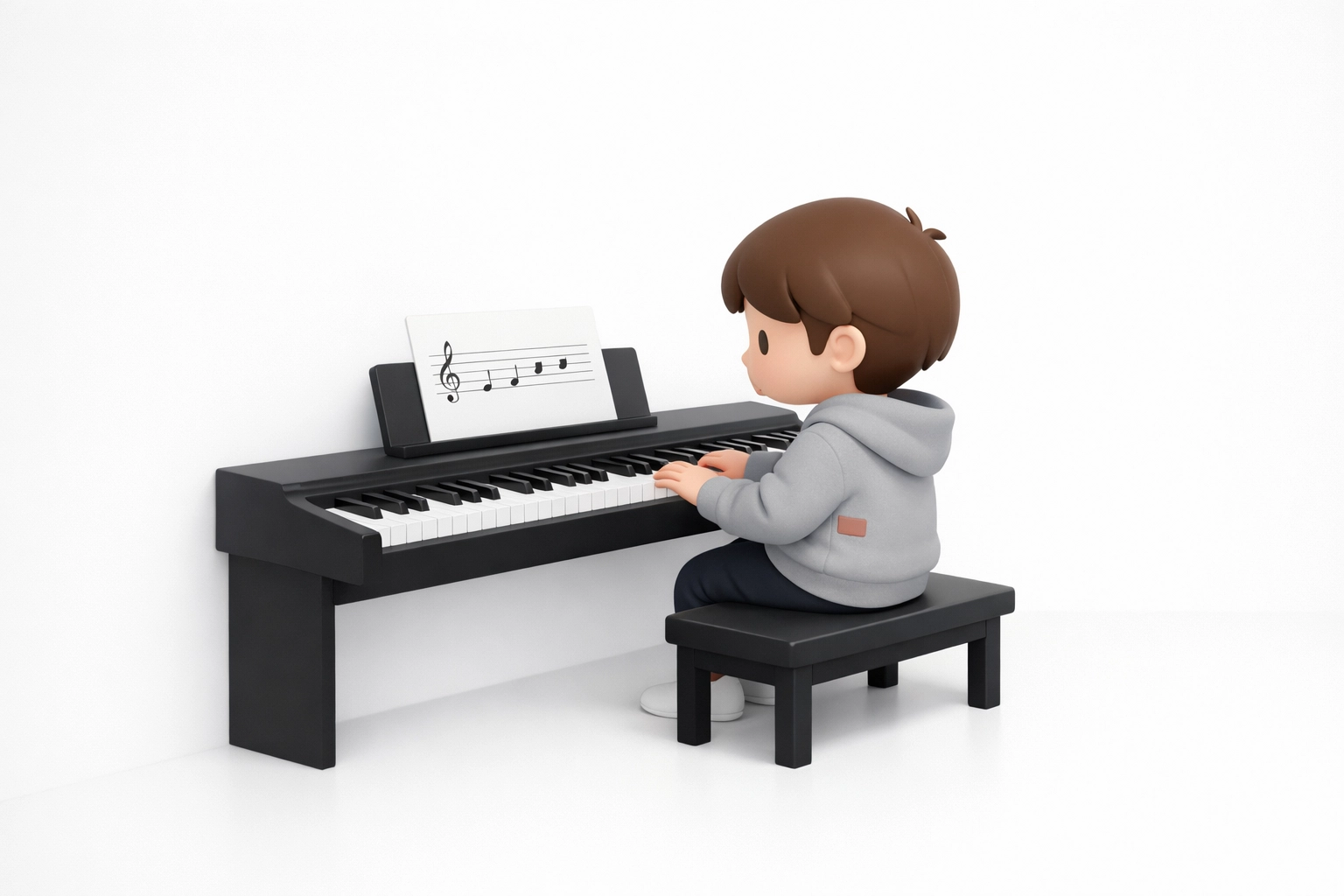Child at a digital piano practicing a scale, showing the traditional approach to piano lessons for kids.