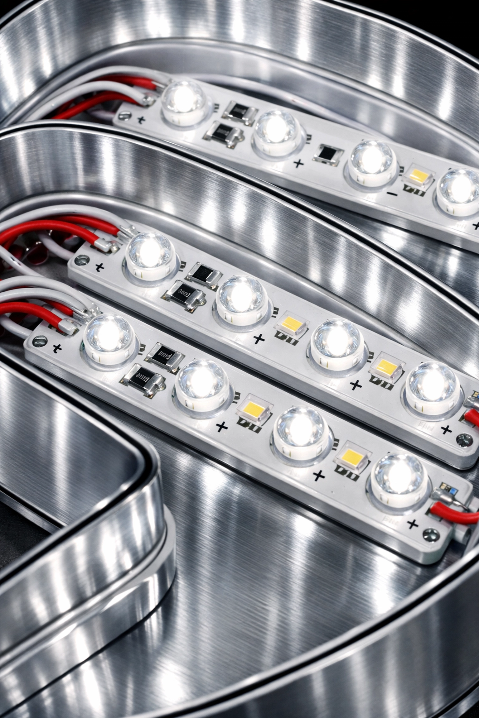 Close-up of energy-efficient LED diodes inside a custom fabricated channel letter sign.