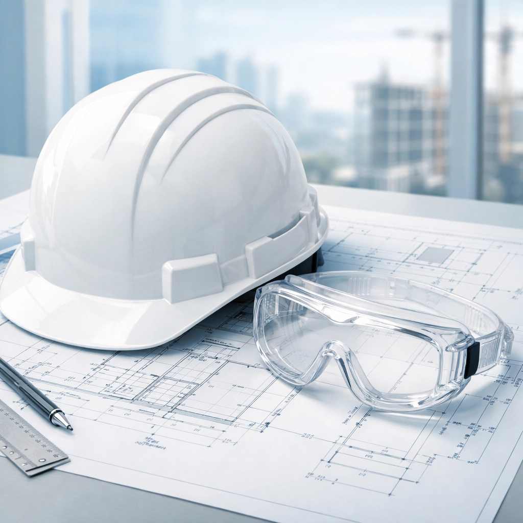 Safety helmet and goggles on an office desk symbolizing PPE compliance and workplace safety.