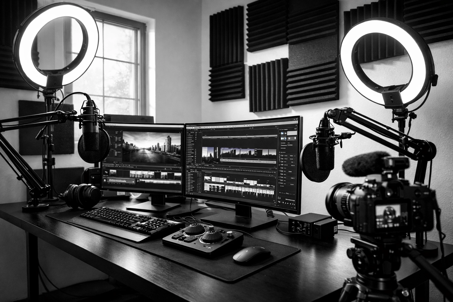 Professional content creation studio pod with video editing workstation and equipment