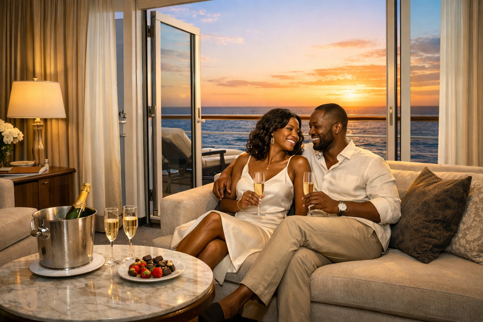 Couple enjoying a luxury cruise suite with a private ocean veranda, highlighting premium luxury cruise deals.