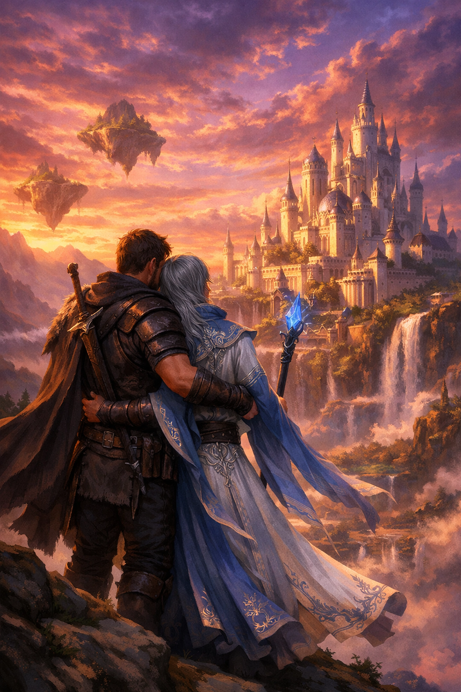 Warrior and sorcerer embracing on a cliffside at sunset, illustrating epic MM fantasy romance and queer adventure.