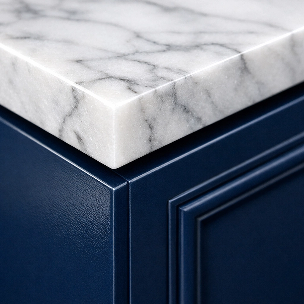 Close-up of a deep cleaning detail on marble countertops and custom cabinetry in a luxury Newton residence.