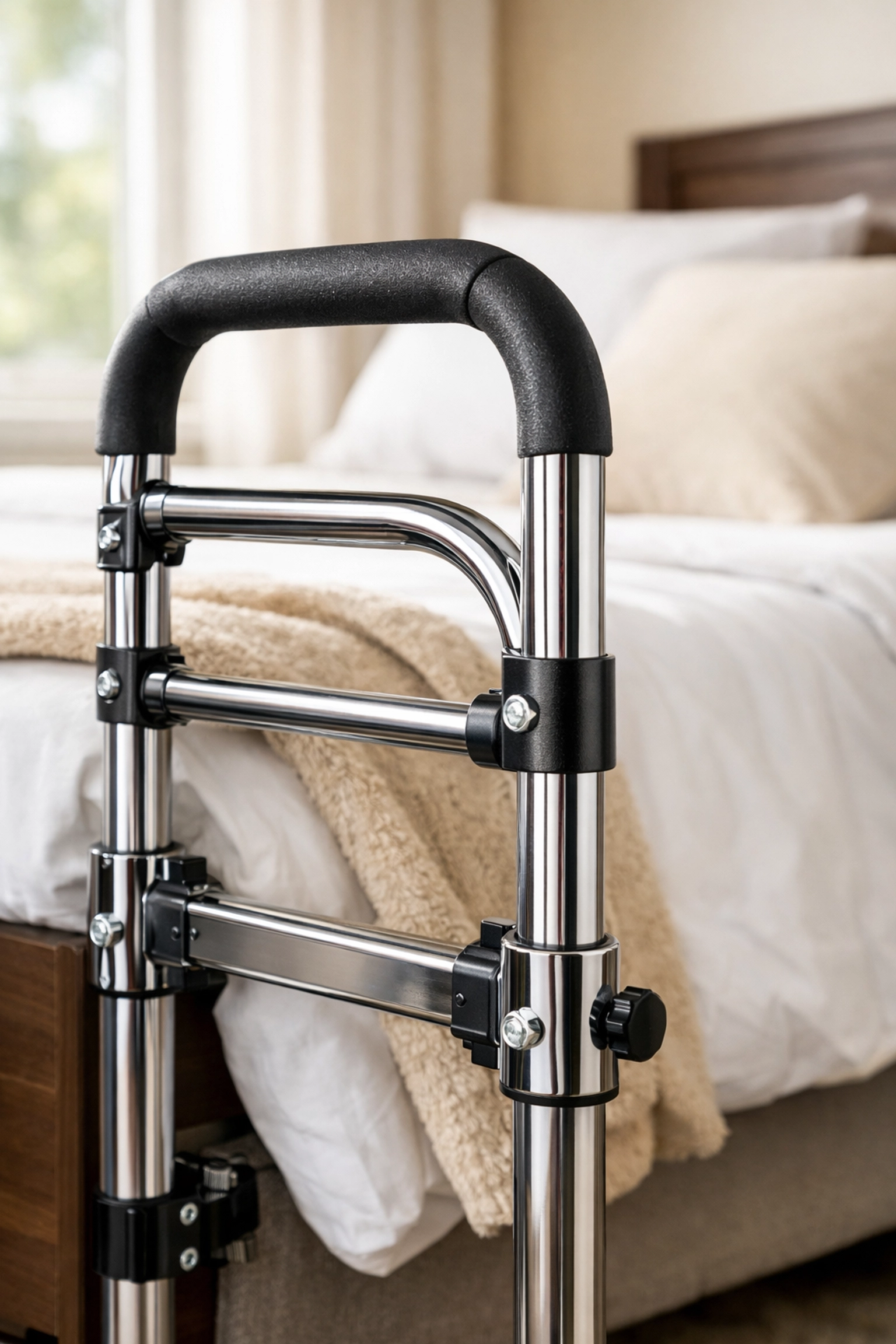 Heavy-duty steel bed rail with non-slip grip for senior mobility and safe home transitions.