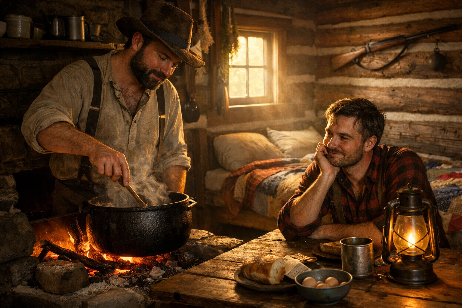 Two men sharing a home in a rustic cabin, depicting a historical bachelor marriage in MM romance.