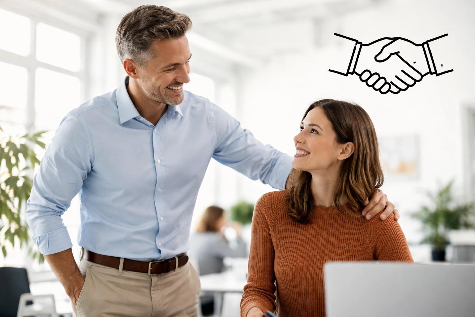 Manager supporting team member in office, emphasizing trust and retention for company culture.
