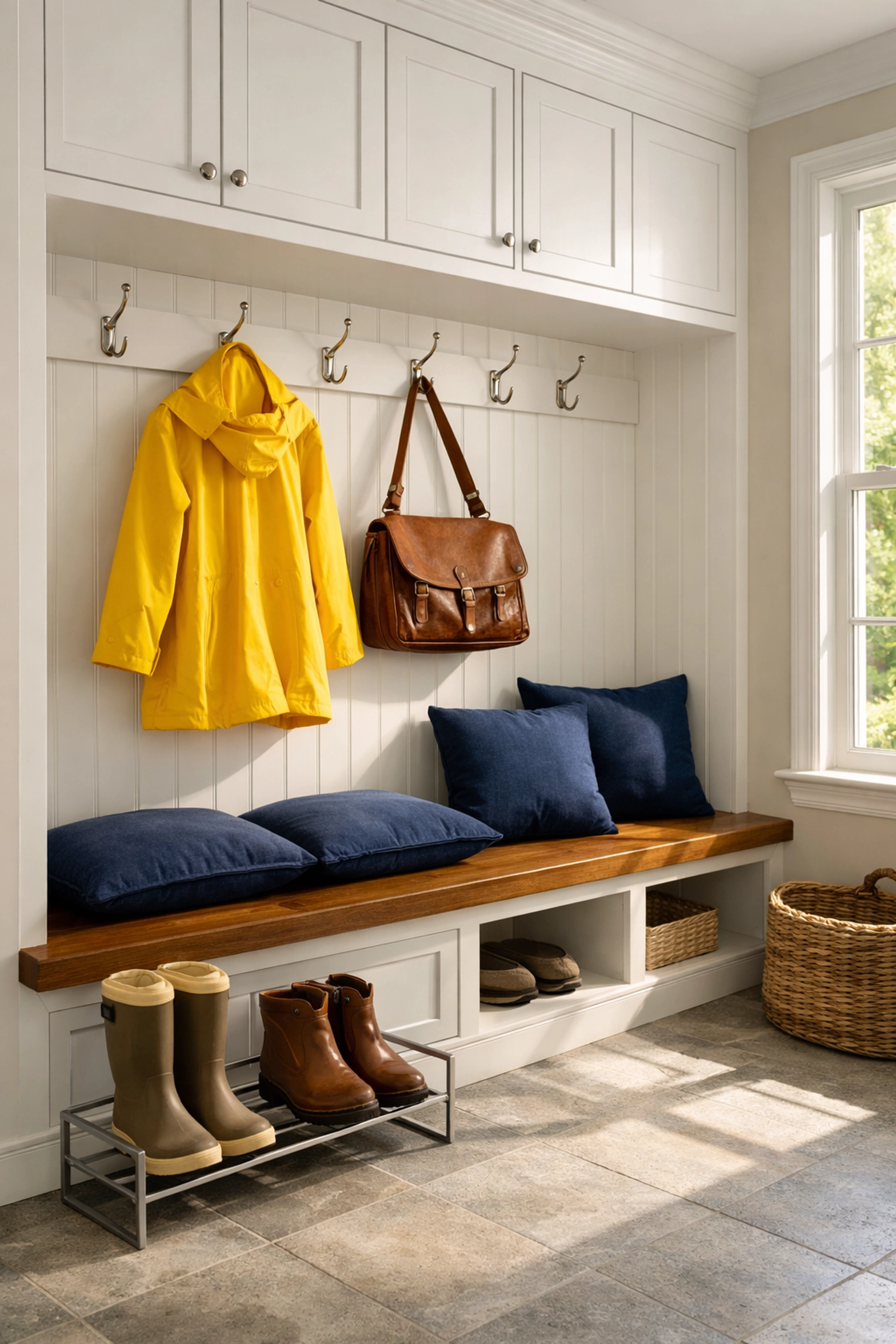 An organized mudroom in a Shrewsbury home makes daily house cleaning easier for busy families.