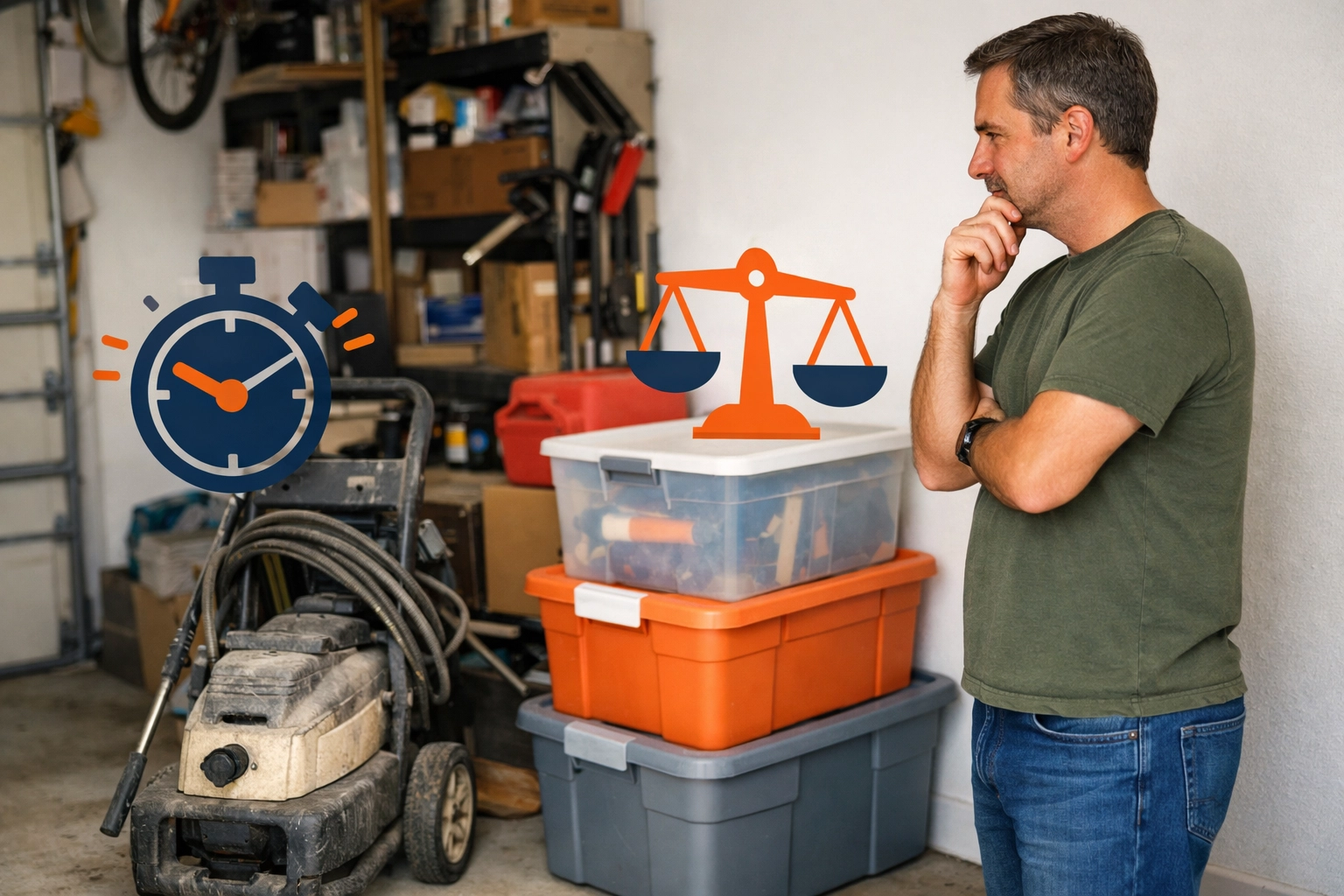 A homeowner looking at storage clutter in a garage, representing the mental burden of ownership.