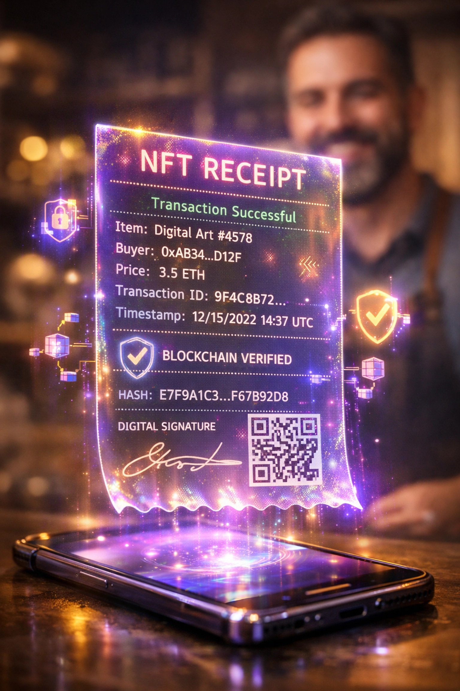 NFT receipt with blockchain verification proving crypto transaction for fraud prevention