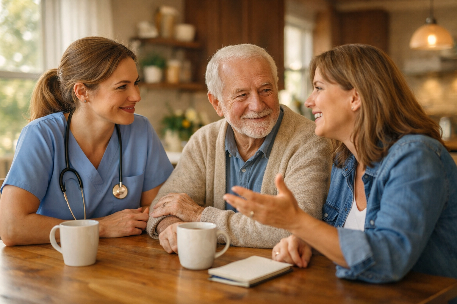 A Houston home care nurse discussing care plans with an elderly man and his daughter at a kitchen table.