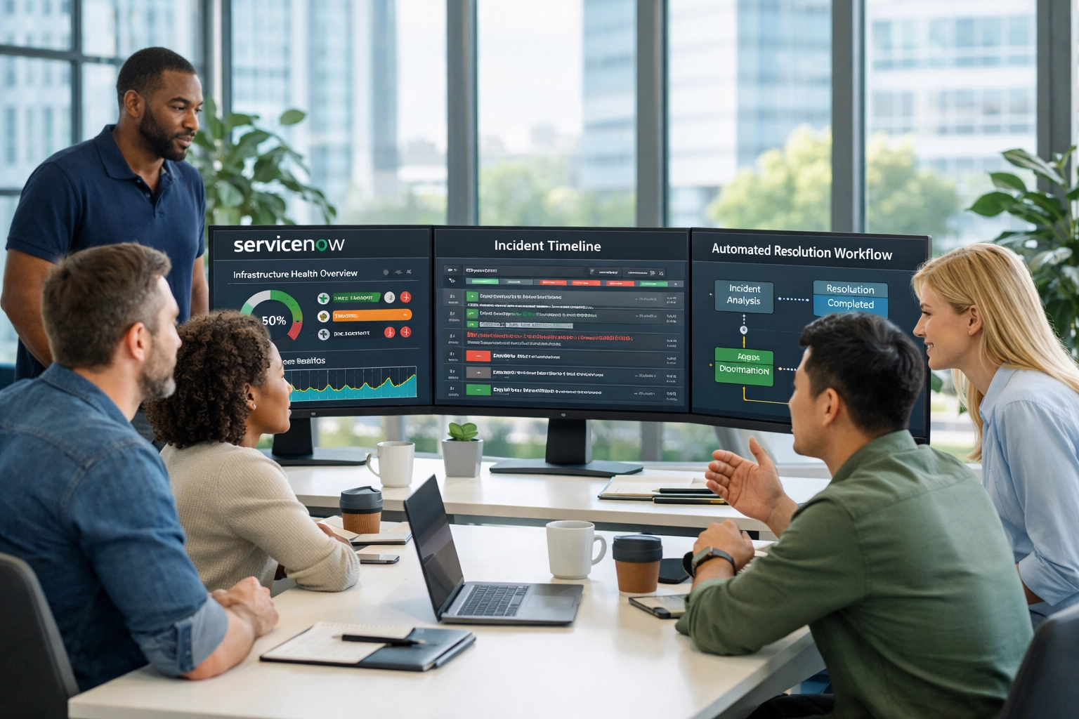 IT operations team monitoring ServiceNow dashboards for autonomous incident resolution and ITOM management