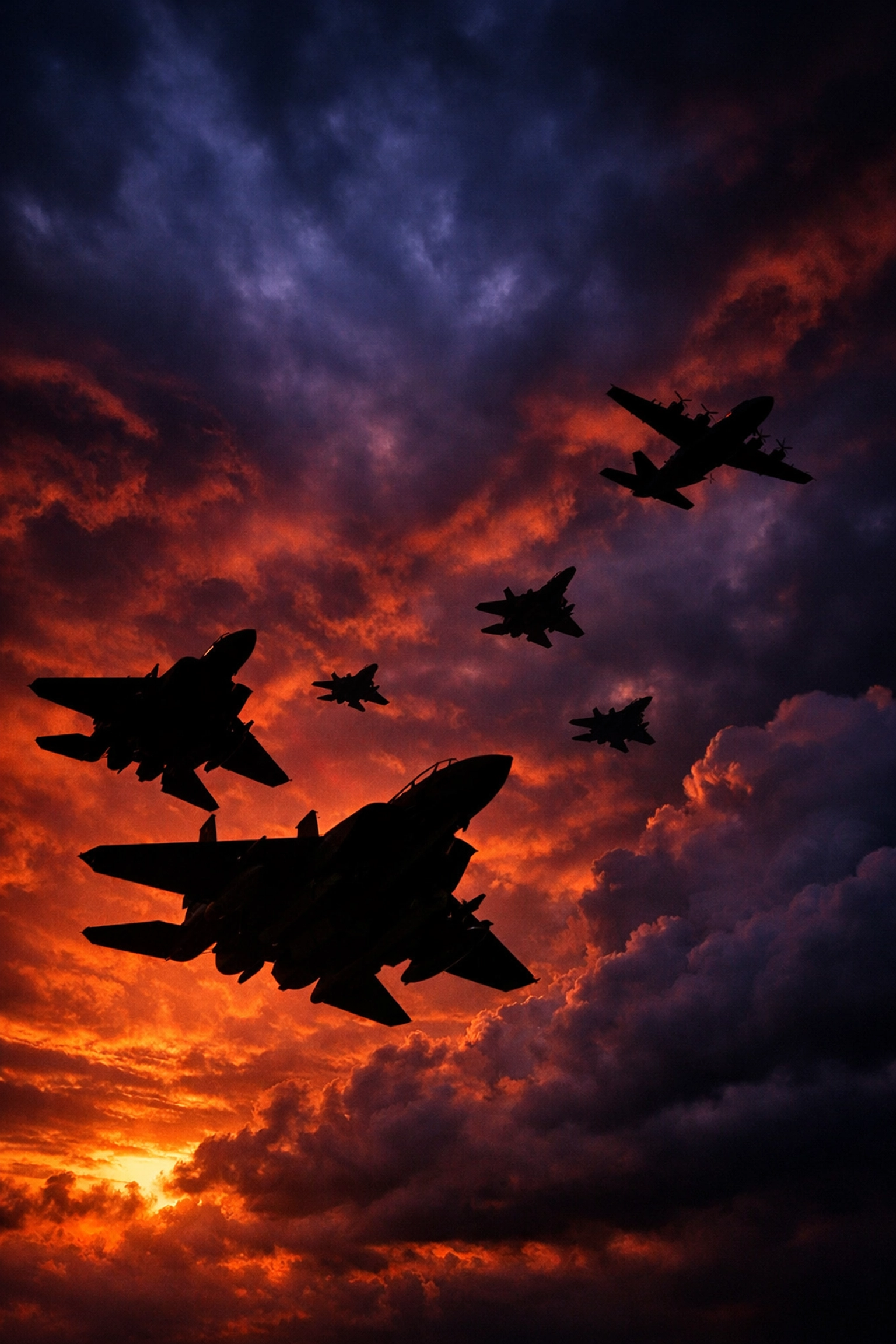 Military aircraft formation at sunset representing potential U.S. strike on Iran