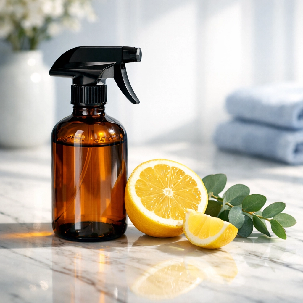 Natural DIY deodorizing spray with lemon and eucalyptus for refreshing furniture and fabrics.
