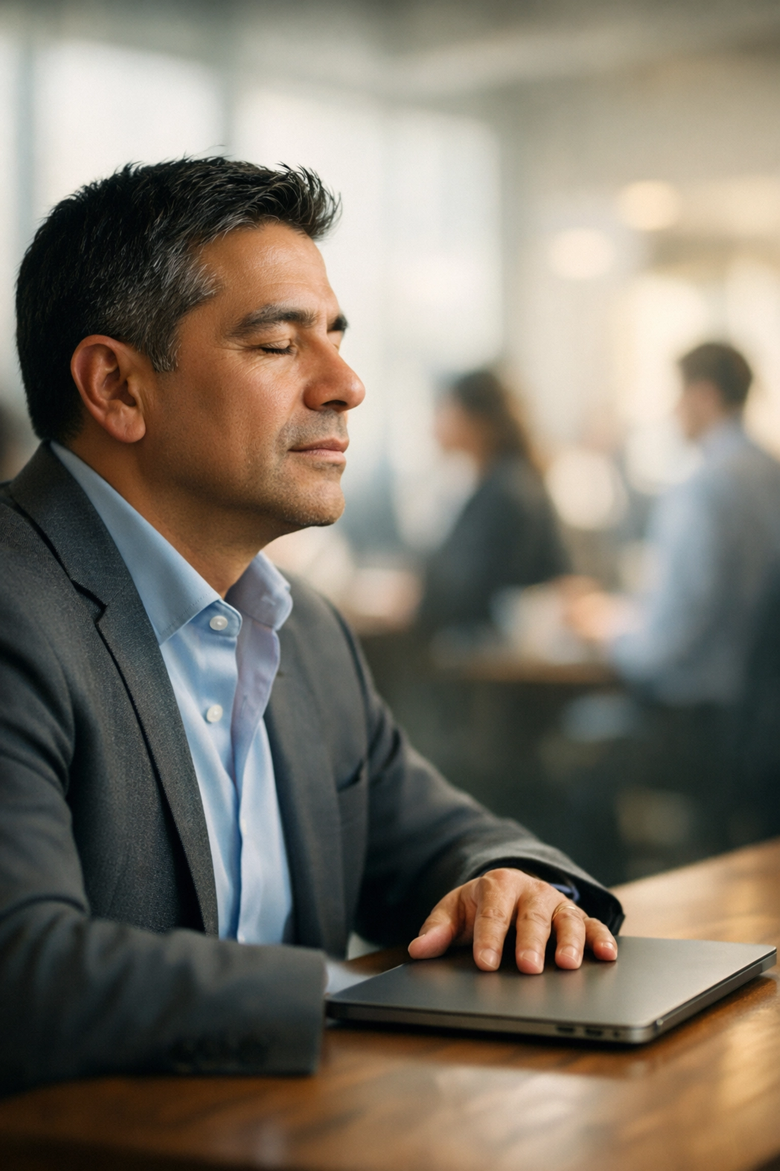 An empathetic manager reflects on leadership responsibility and employee well-being at his desk.