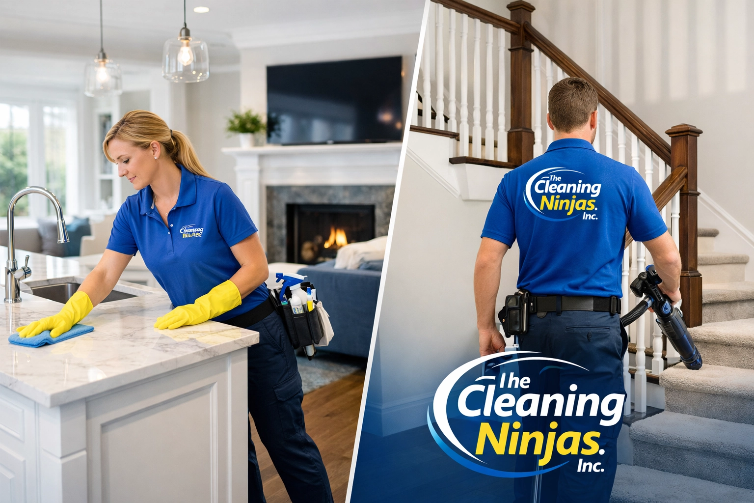 Professional cleaners providing meticulous house cleaning in a modern Westborough living room. Professional cleaners dusting a modern Westborough living room with house cleaning precision