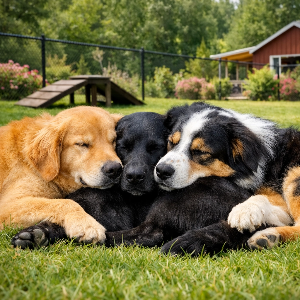 Bonded dogs resting together after playtime showing trust and friendship
