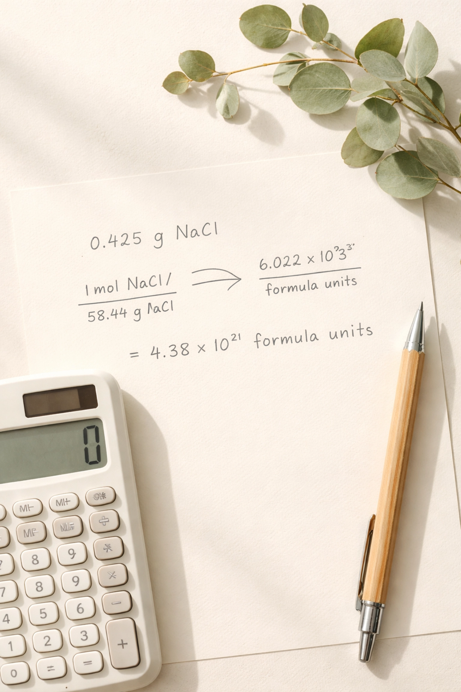Handwritten chemistry unit conversions and calculator on paper, emphasizing calculation accuracy in A Level Chemistry