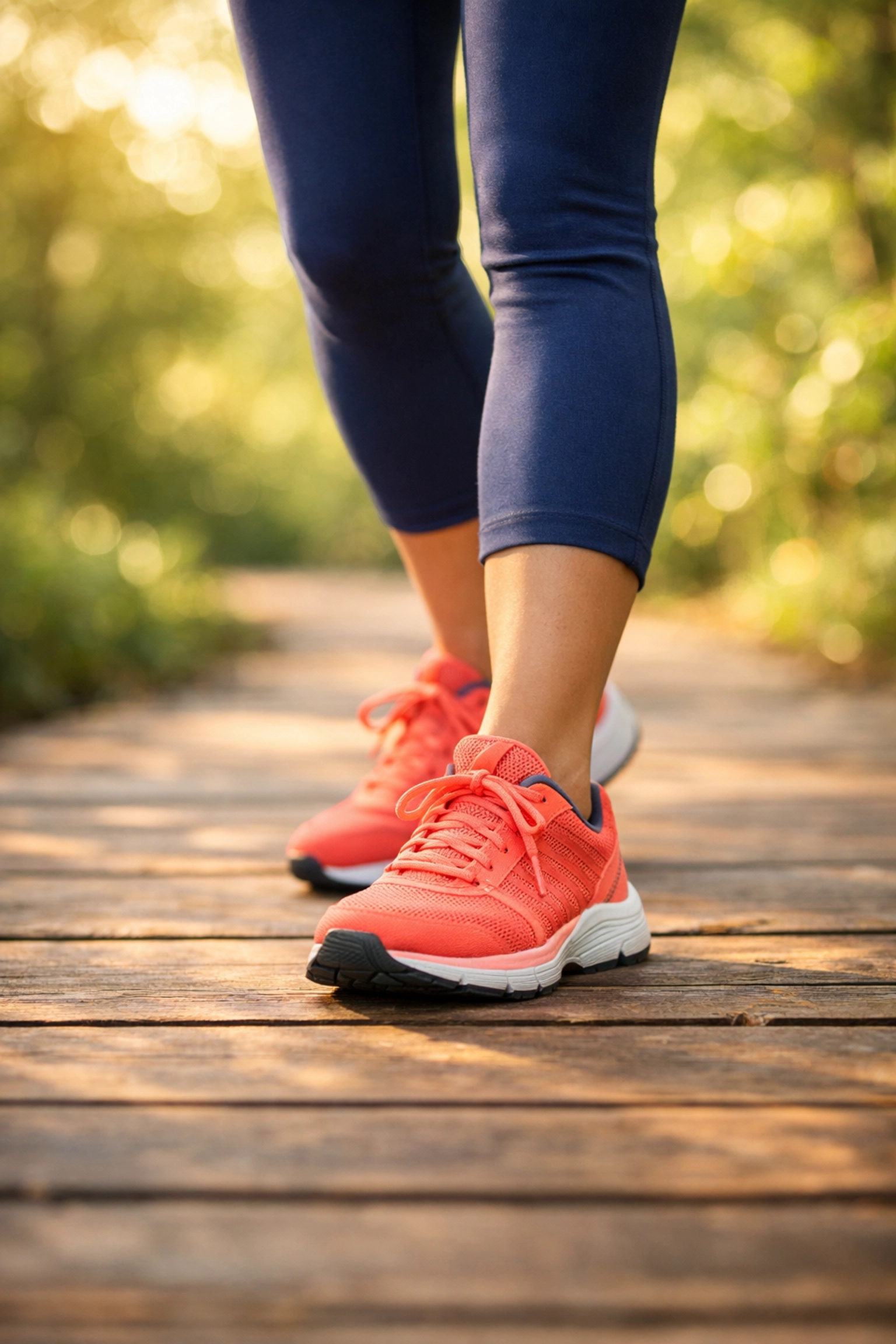 Athletic shoes walking on outdoor path showing active recovery movement