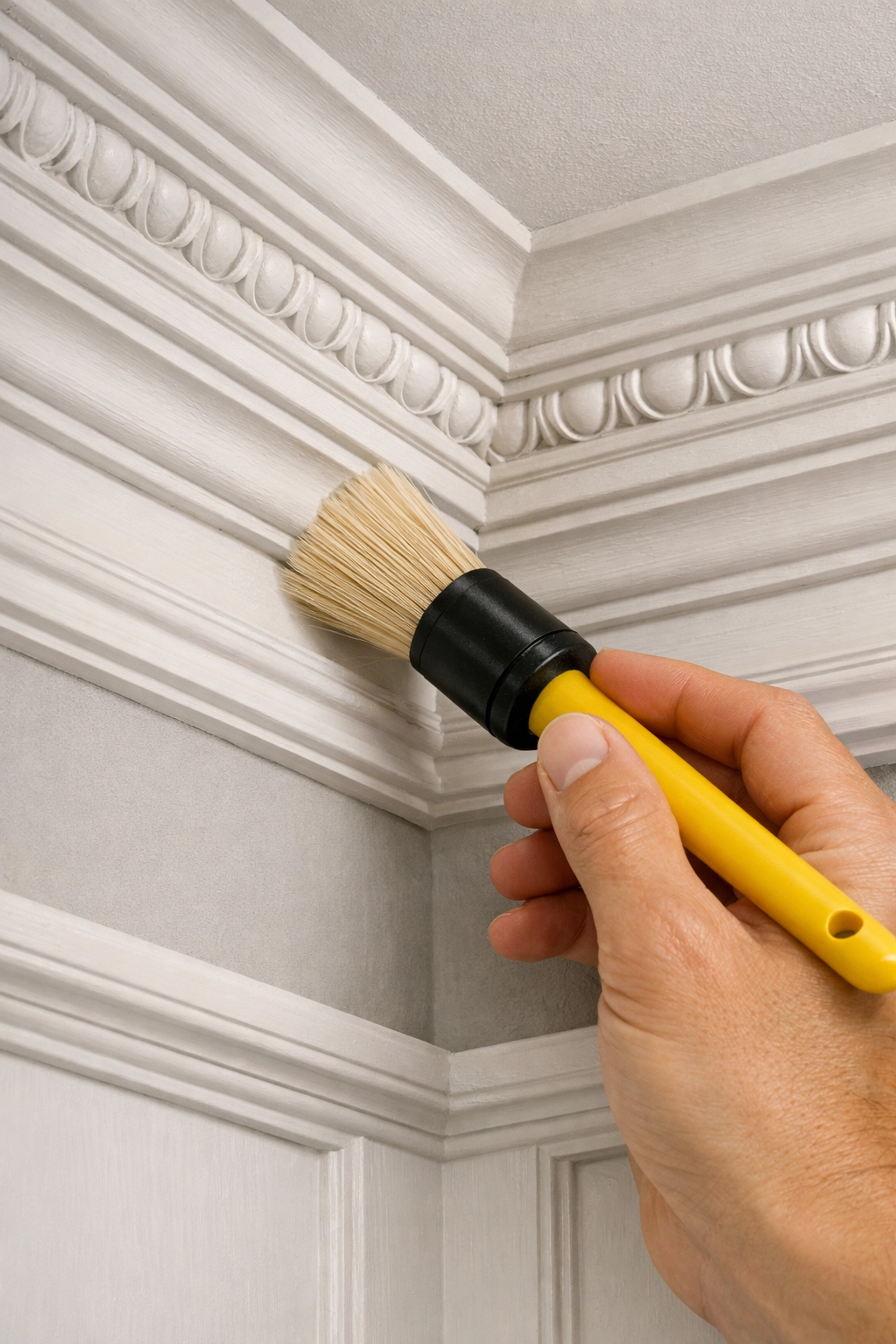 Detailing Colonial Revival crown molding during a professional deep cleaning of a Wellesley MA home.