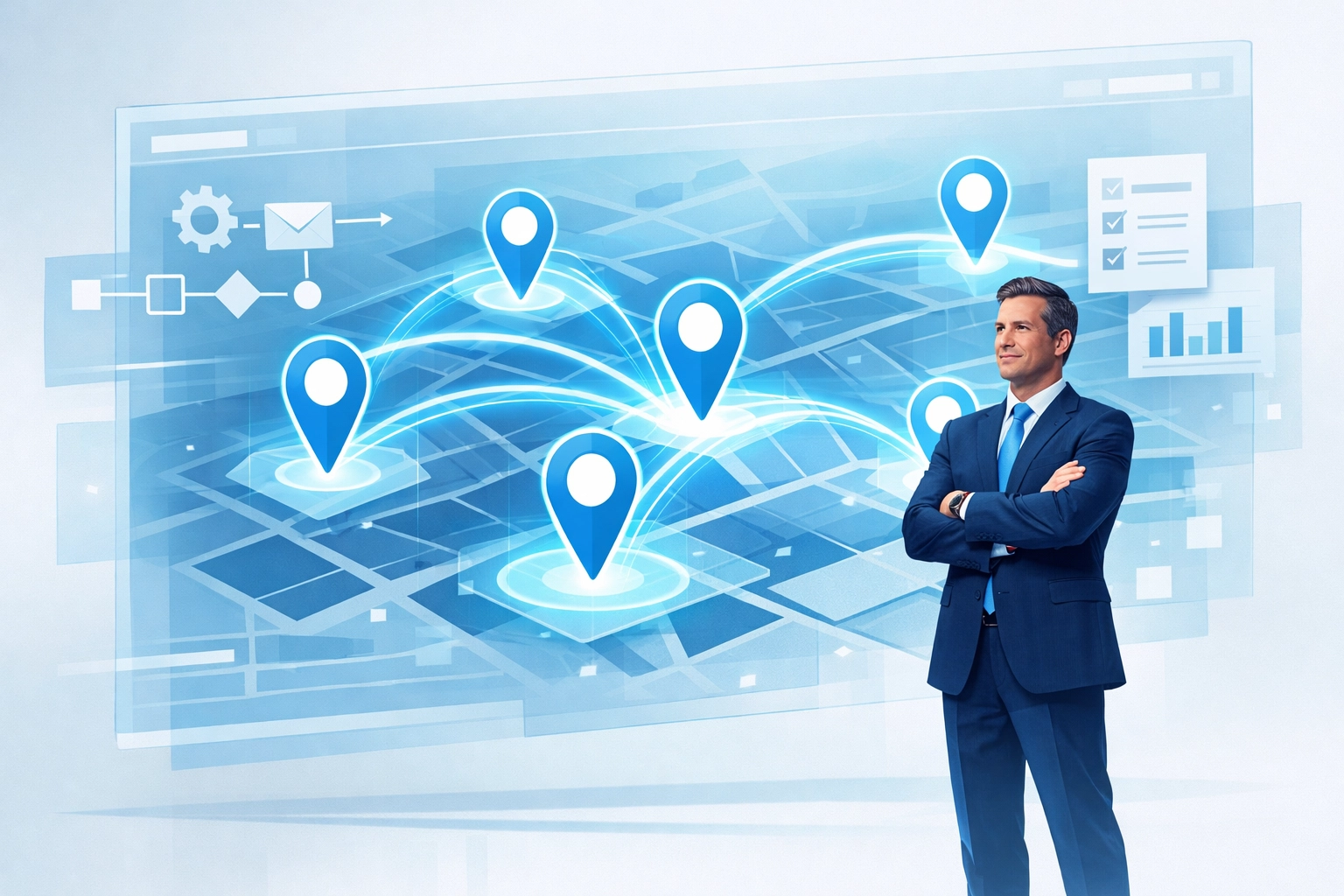 Multi-location business operator managing regional operations across connected territories