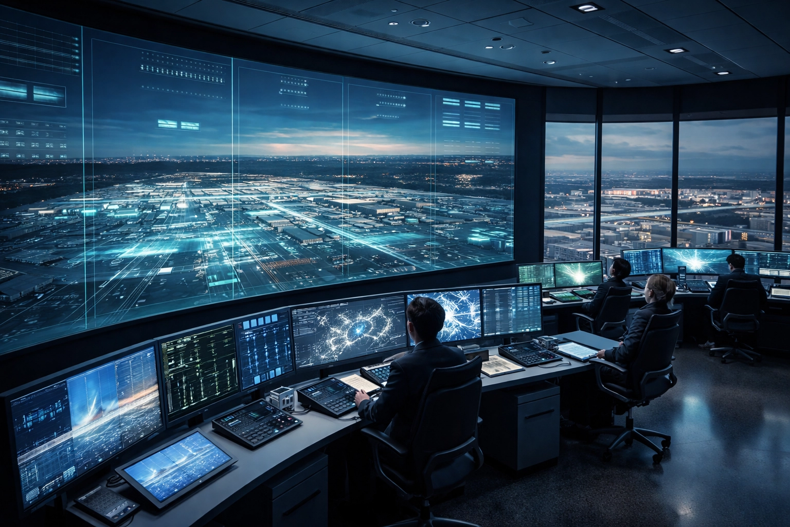 Modern airport command center with digital twin displays monitoring real-time operations
