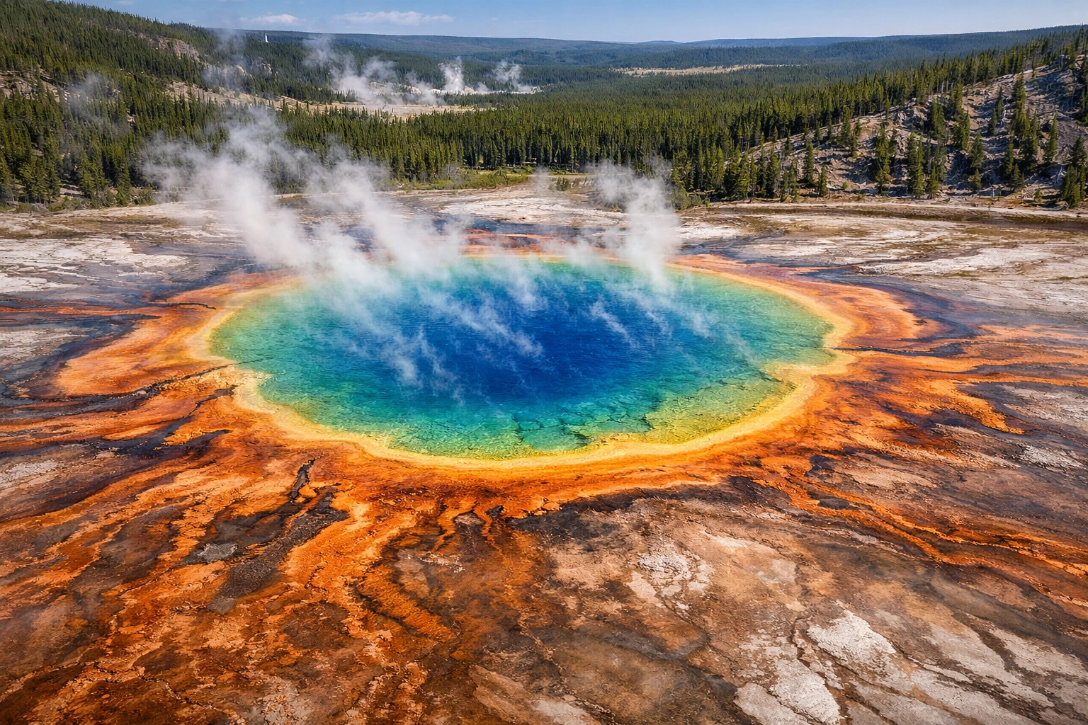 Aerial view of the Grand Prismatic Spring in Yellowstone showcasing unique thermal microbiology.