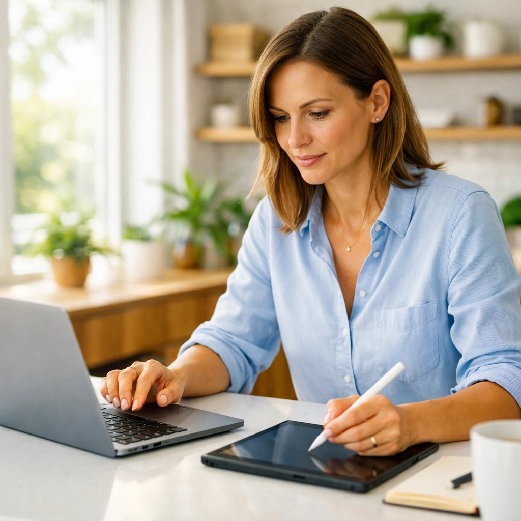 Non-traditional student studying for CLEP and DSST exams using a laptop in a modern home setting.