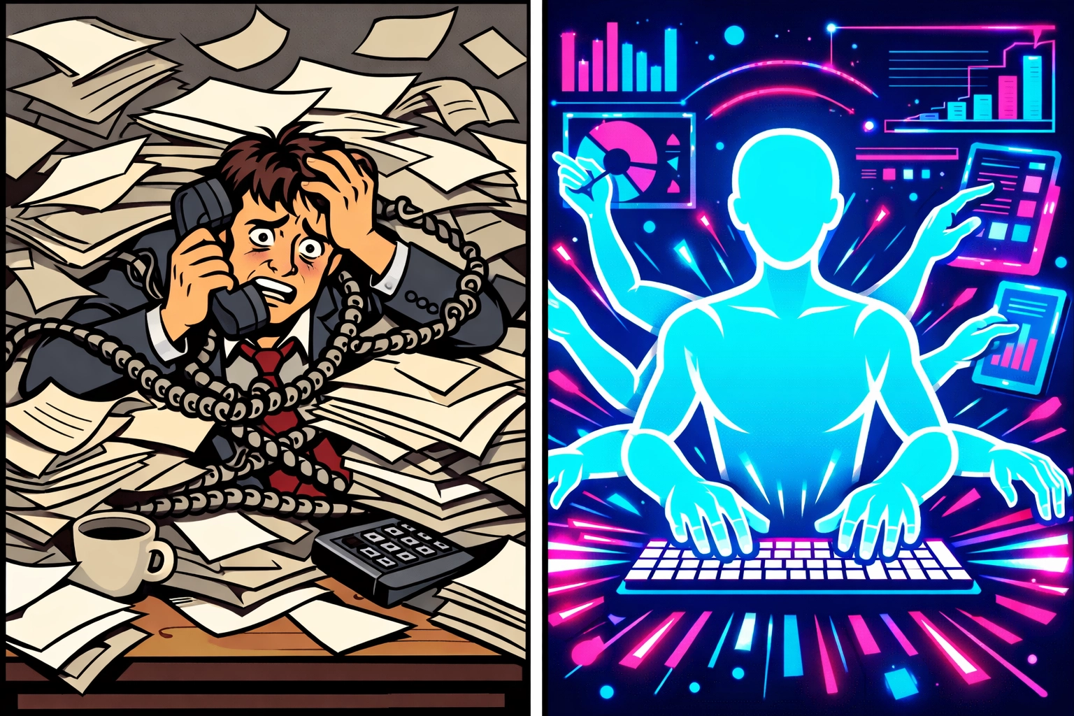 A comparison between a stressed business owner and an efficient AI virtual assistant organizing digital data.
