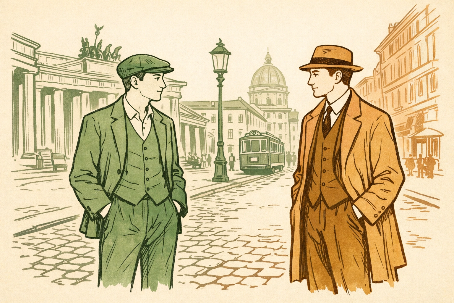 Gay historical romance scene: two men in 1920s Berlin exploring forbidden love on cobblestone street