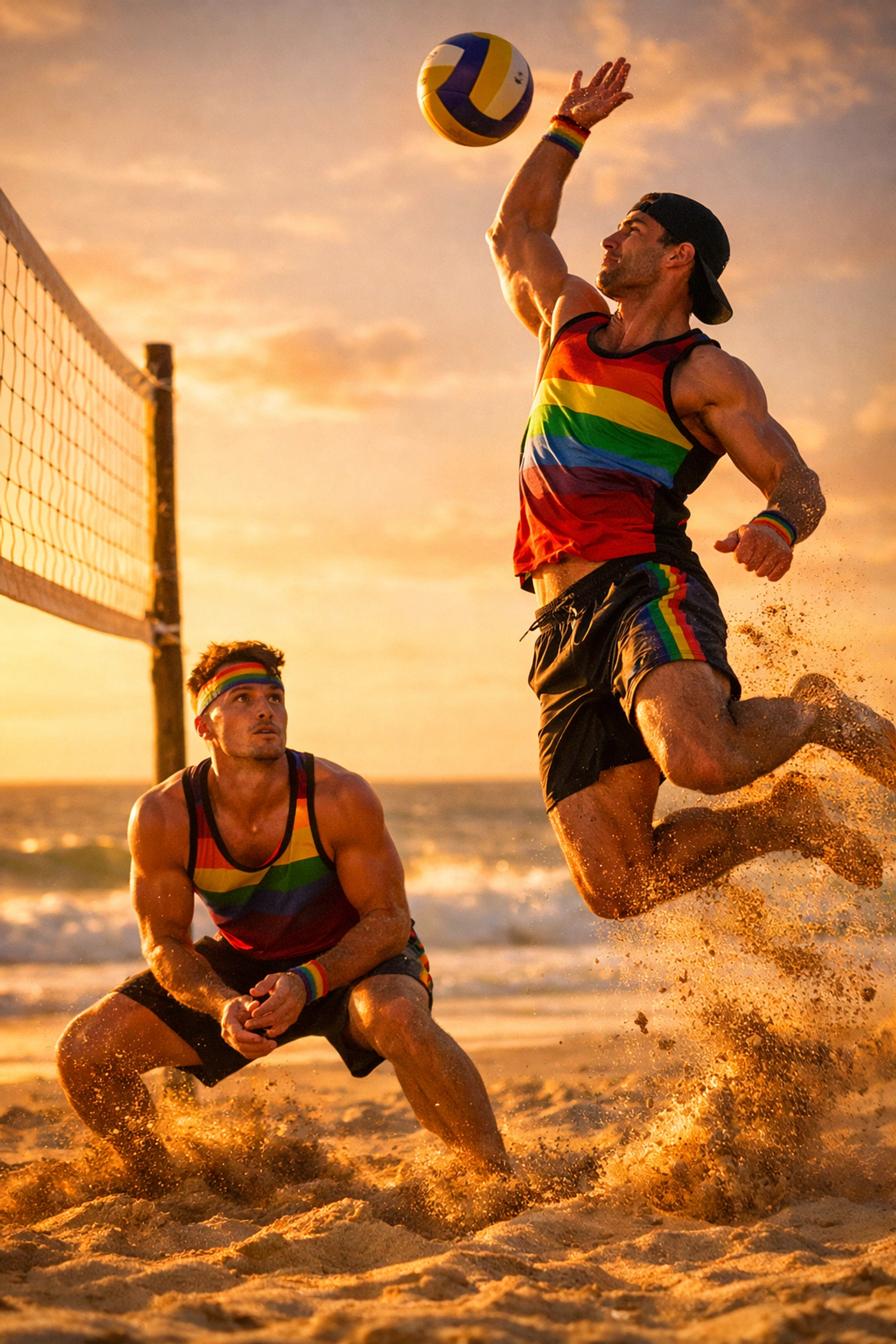 Gay men playing beach volleyball showing teamwork and athletic action in LGBTQ+ sports community