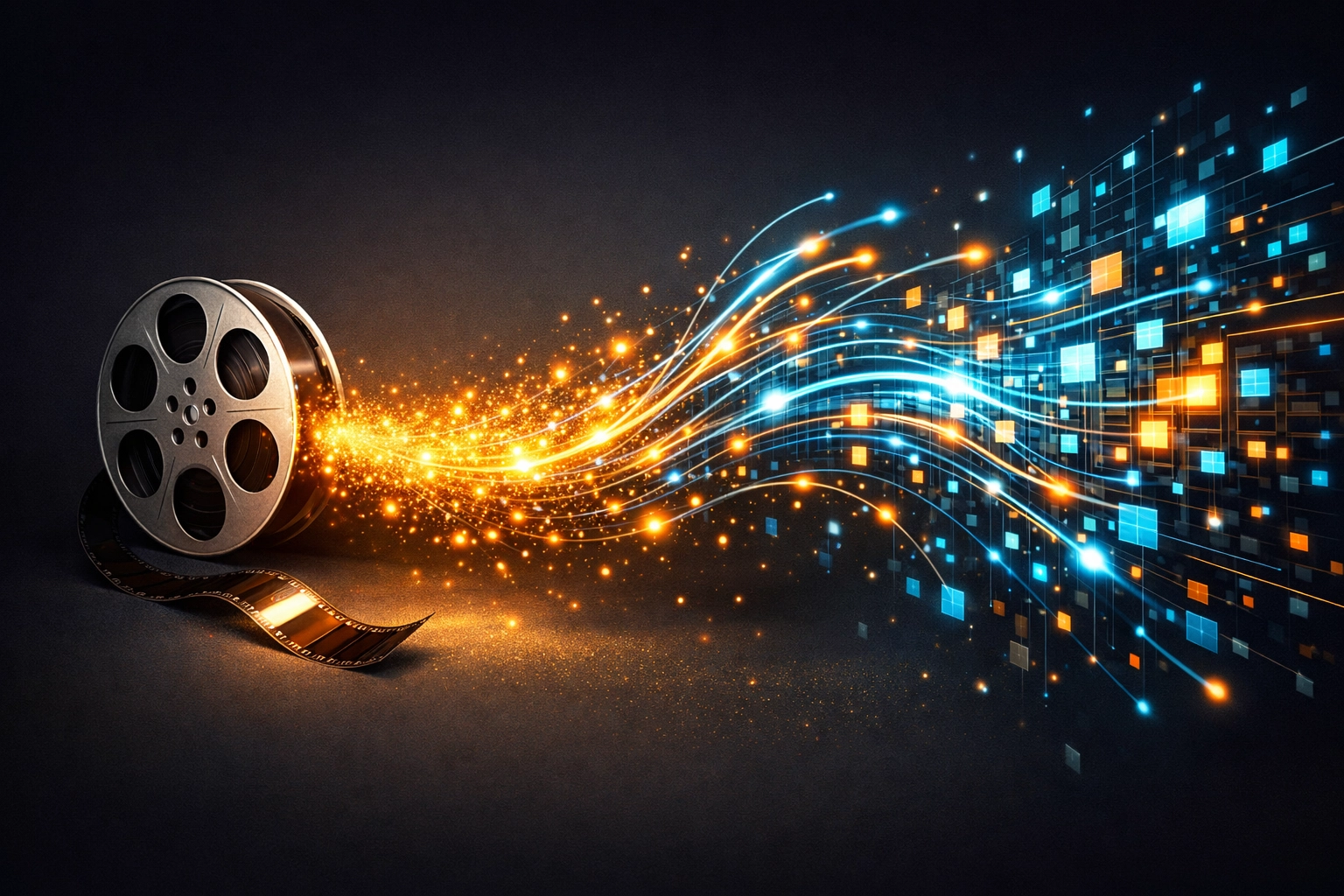 Visual representation of the media industry's transition from traditional film to digital streaming data.