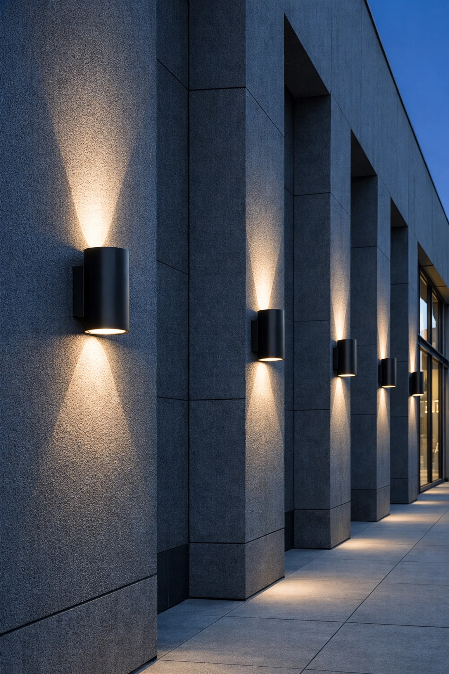 Minimalist architectural lighting using cylinder wall lights to create vertical beams on a commercial building facade.