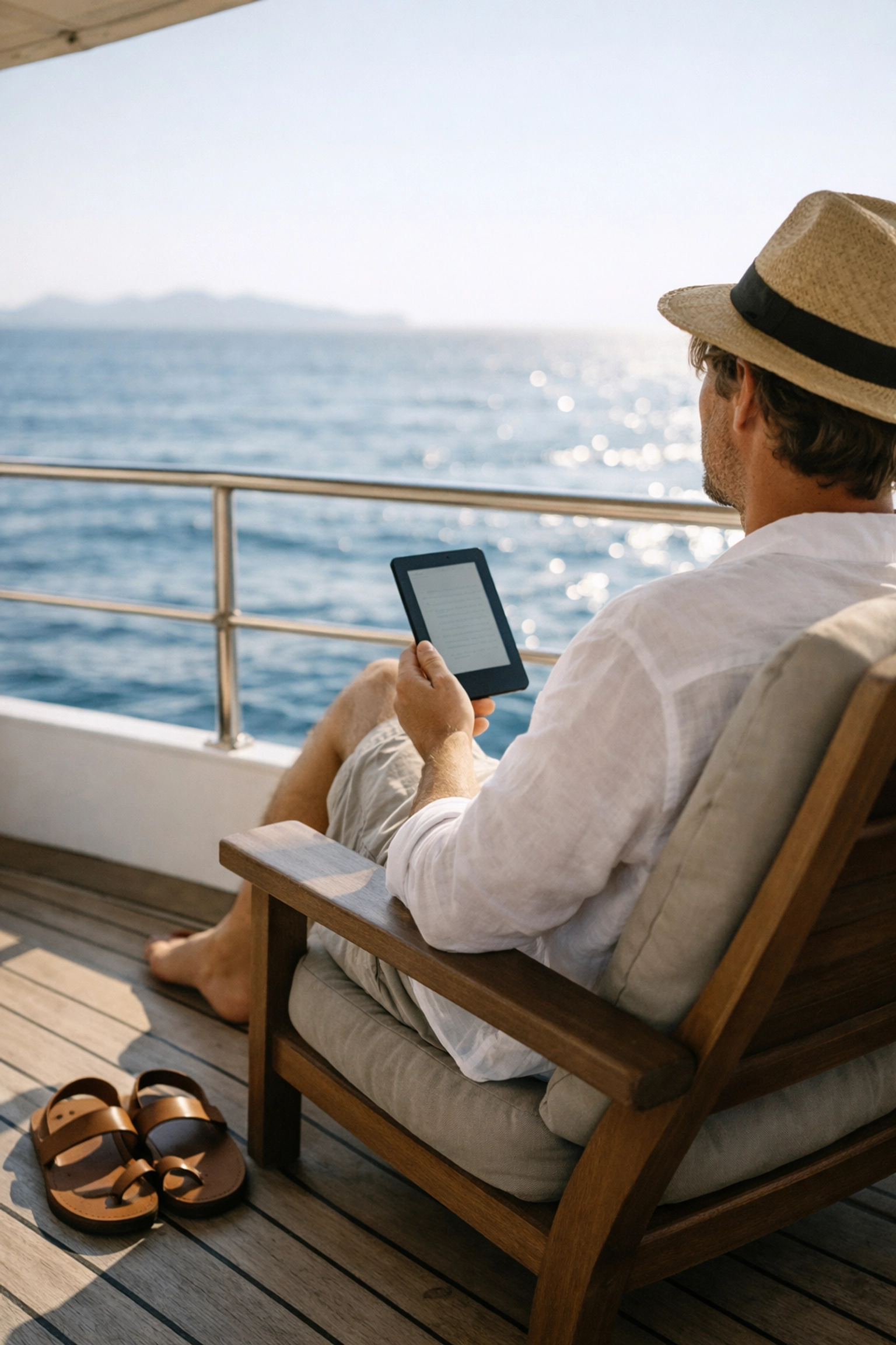 A traveler relaxing on a boat deck with an e-reader, demonstrating the ease of minimalist packing for a sea voyage.
