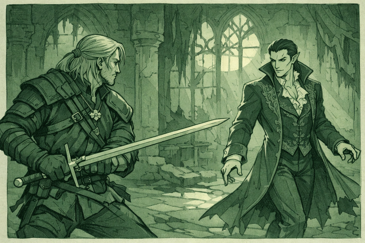 Witcher and vampire first encounter in moonlit castle hall - MM fantasy romance