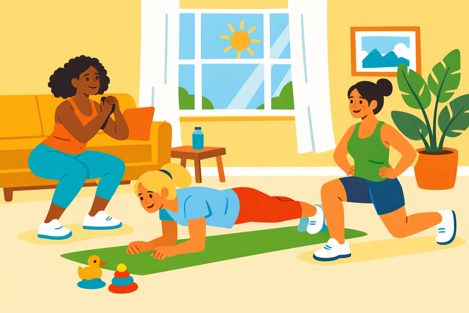 Moms doing home workout exercises including squats, planks and lunges in a living room