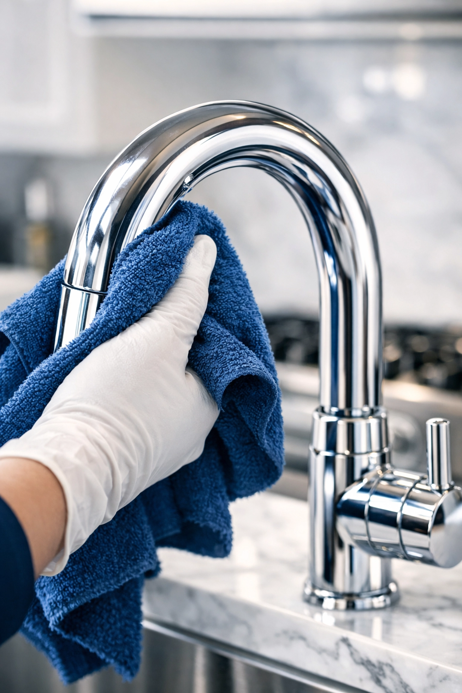 Polishing high-end kitchen fixtures during a deep residential cleaning Massachusetts service.
