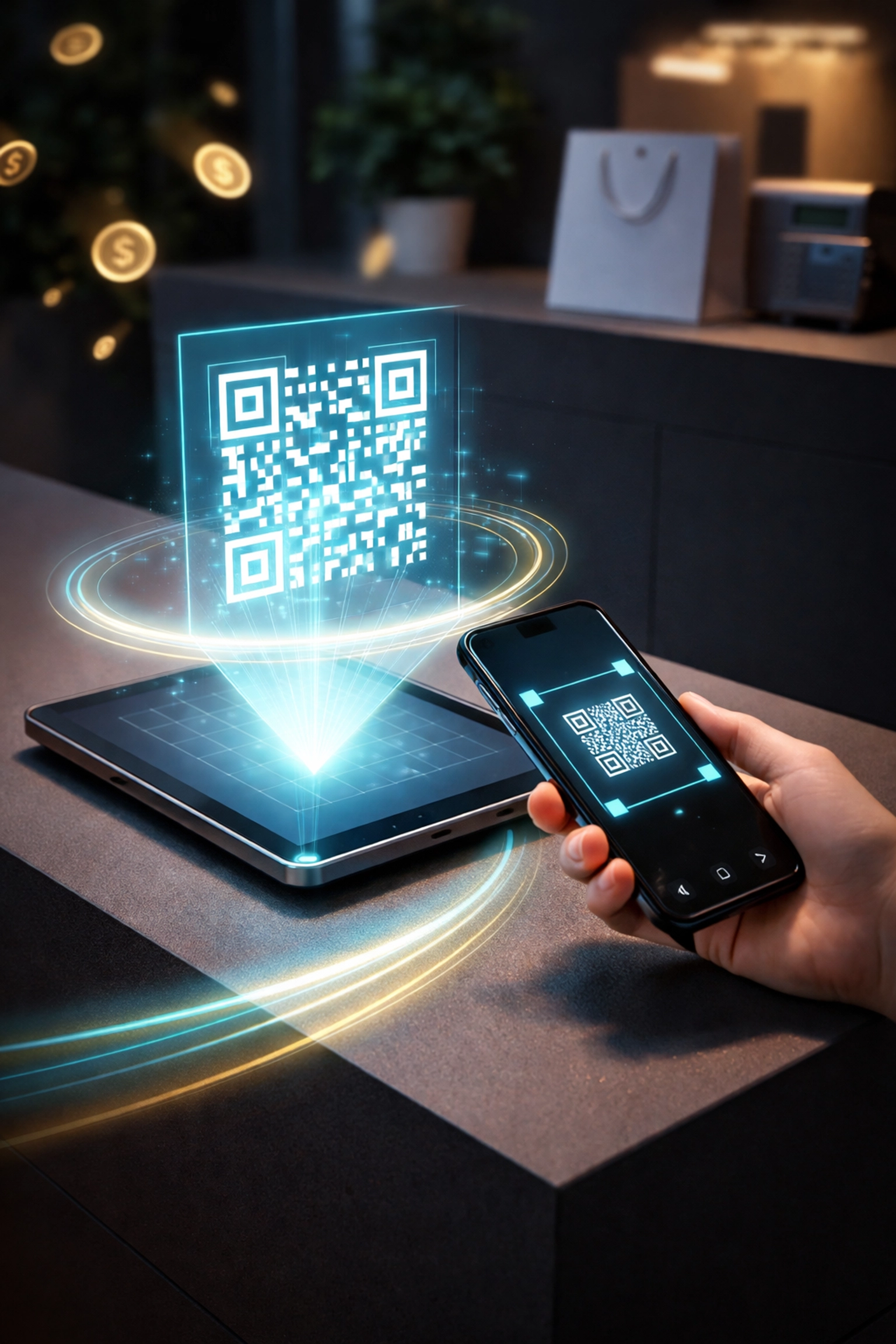 Customer using a smartphone to scan a QR code for crypto POS payment, showing Web3 contactless checkout and reduced merchant fees