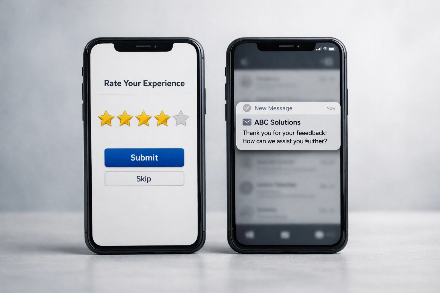 Mobile phones showing star rating interface and review request notification