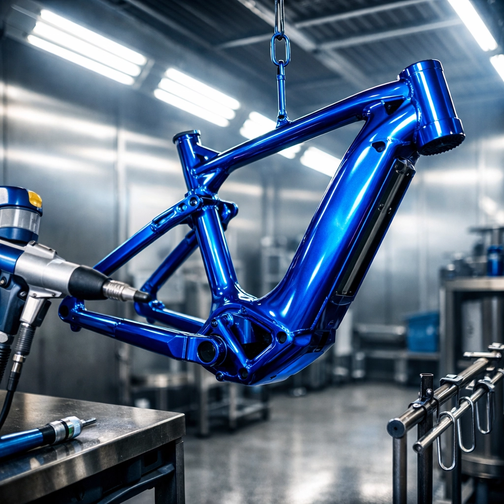 Custom powder coated e-bike frame in blue finish suspended in professional spray booth