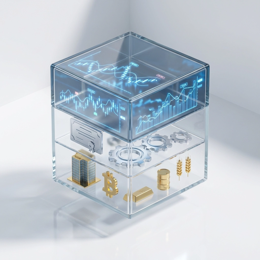 A transparent portfolio cube with sections for stocks, bonds, and alternative assets, showing balanced asset allocation strategies.