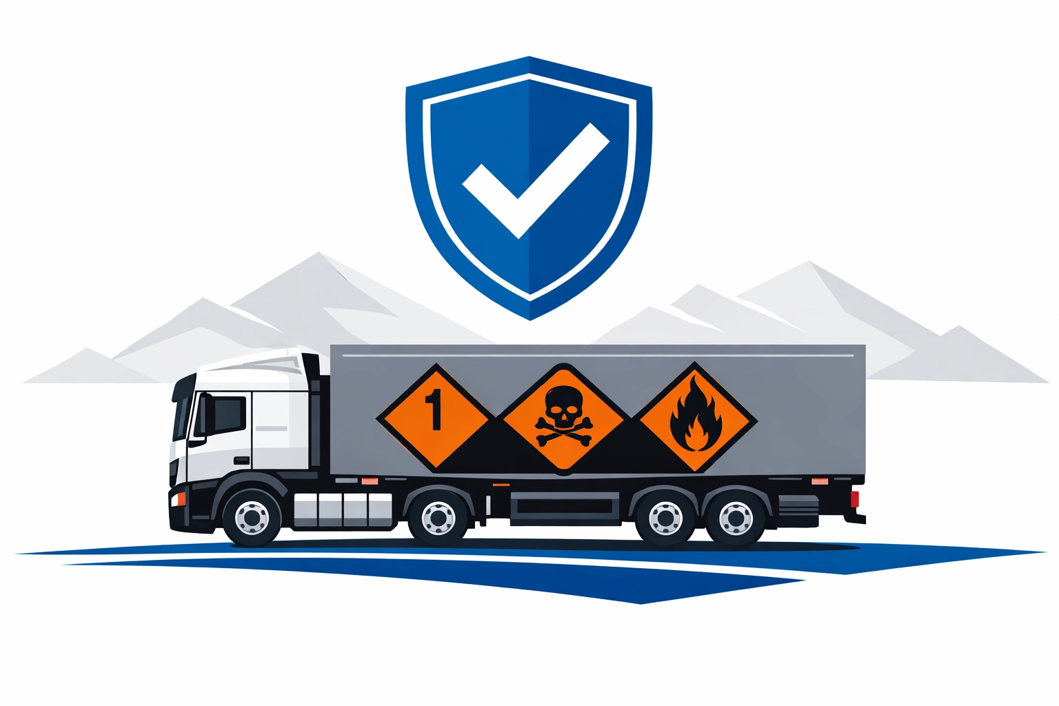 HGV truck with hazardous goods placards and a safety shield for ADR training compliance.