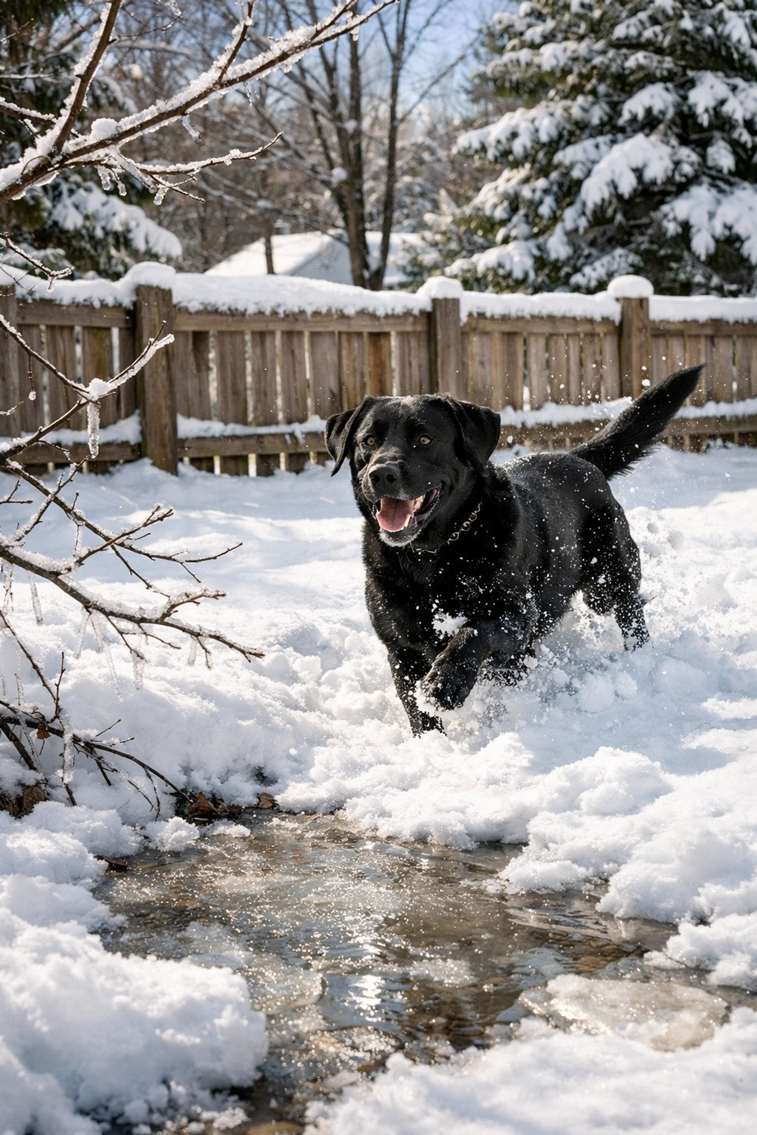 Black Labrador retriever plays in snowy New England yard, illustrating pet risks and seasonal hazards.