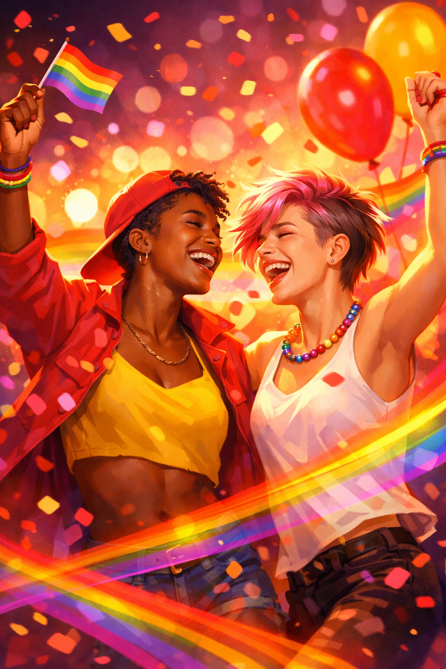 Two queer people dancing joyfully at Pride celebration with rainbow confetti