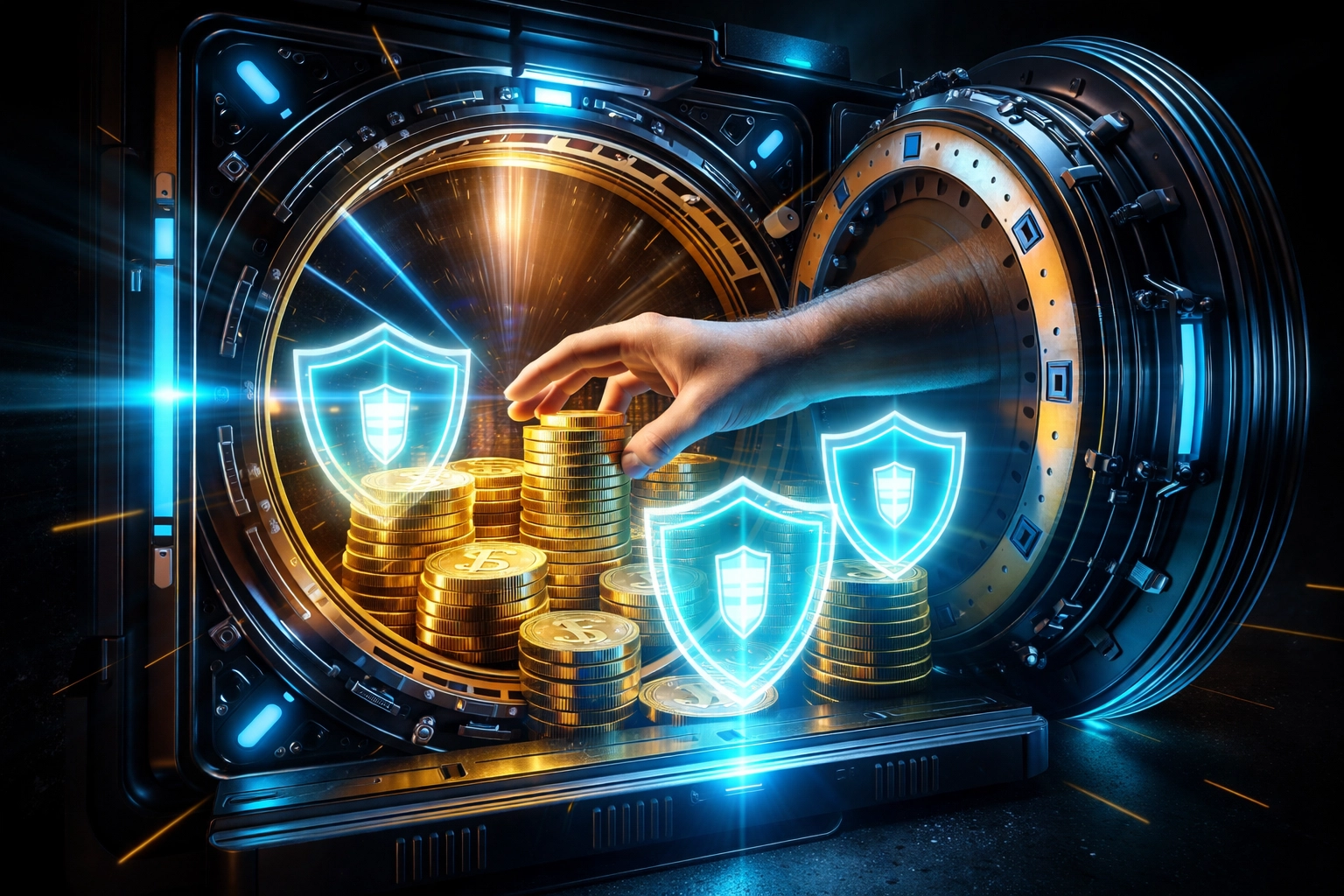 A digital vault glowing with blue holographic shields protects cryptocurrency coins, emphasizing self-custody and control with Larecoin.