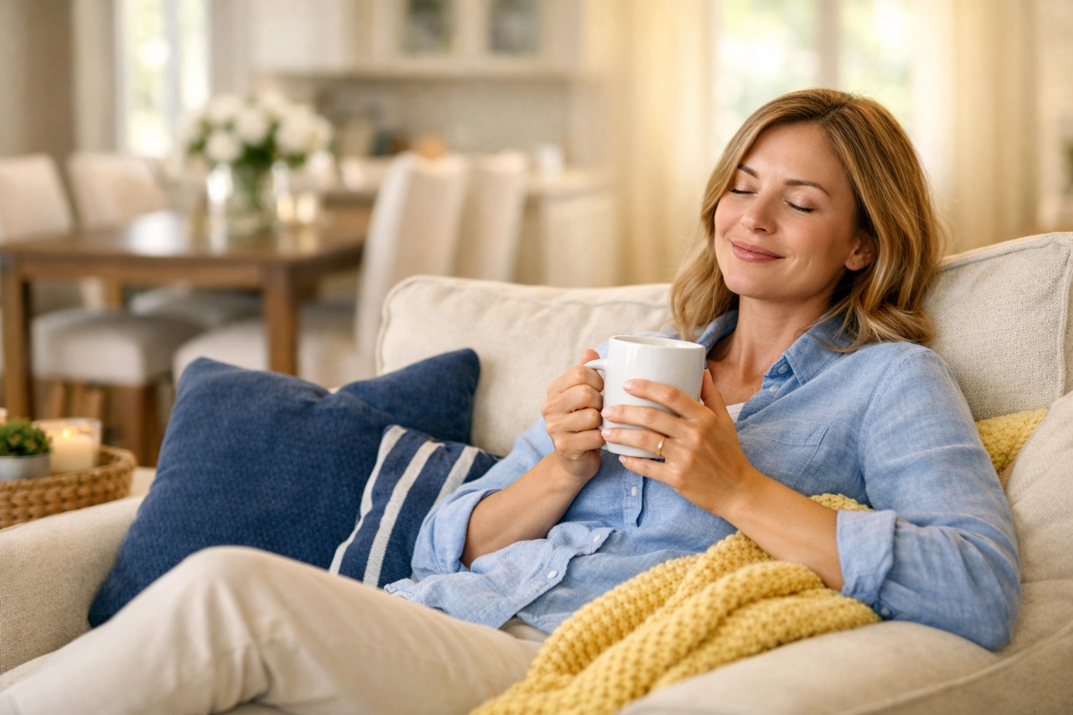 Happy homeowner relaxing in a stress-free living room after a professional House Cleaning Hudson MA service.