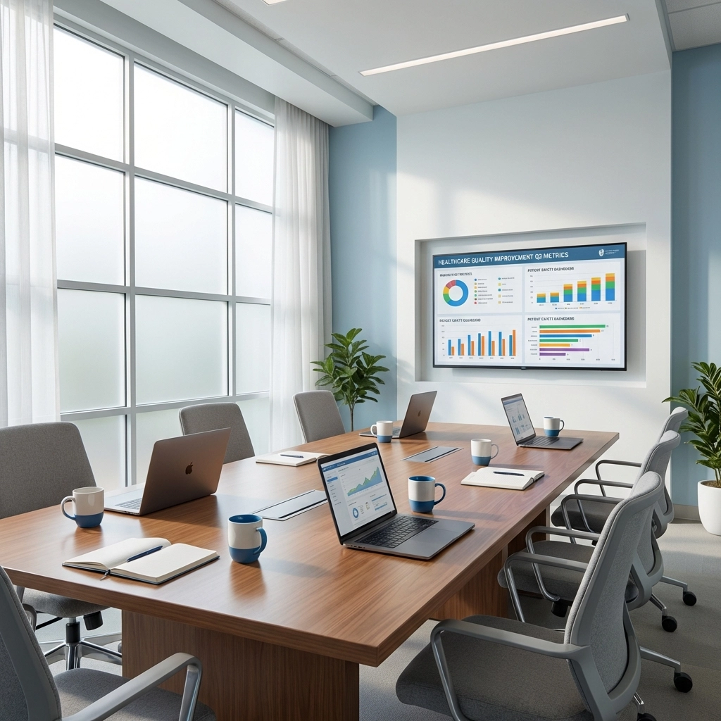 Healthcare quality improvement meeting in progress, focusing on ASC compliance and survey readiness