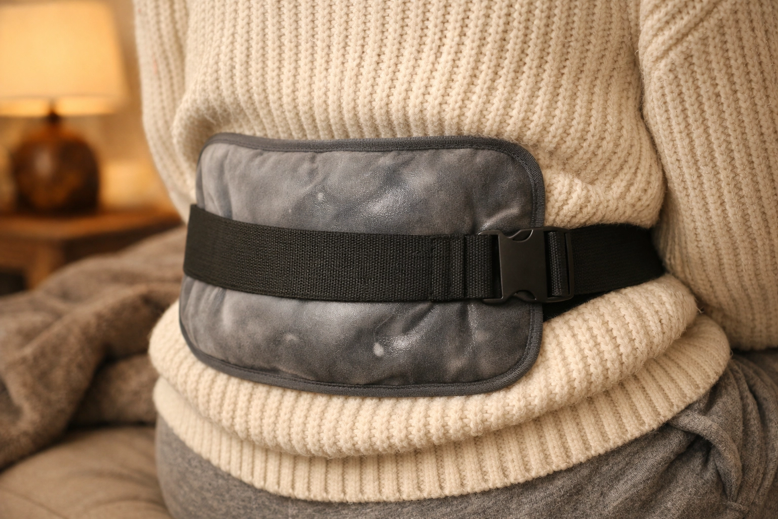 A reusable heat pack with a belt/strap positioned on the lower back over cozy clothes for steady, long-lasting warmth.