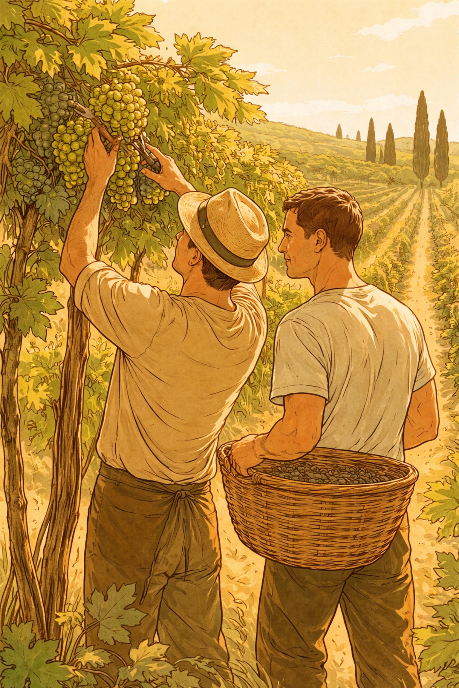 Two men harvest grapes together in a sunlit Tuscan vineyard, symbolizing their labor and partnership.