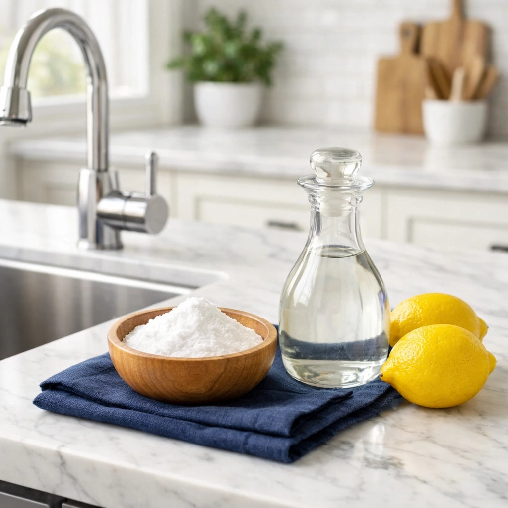 Natural drain refresher ingredients including baking soda, vinegar, and lemons by a clean kitchen sink.