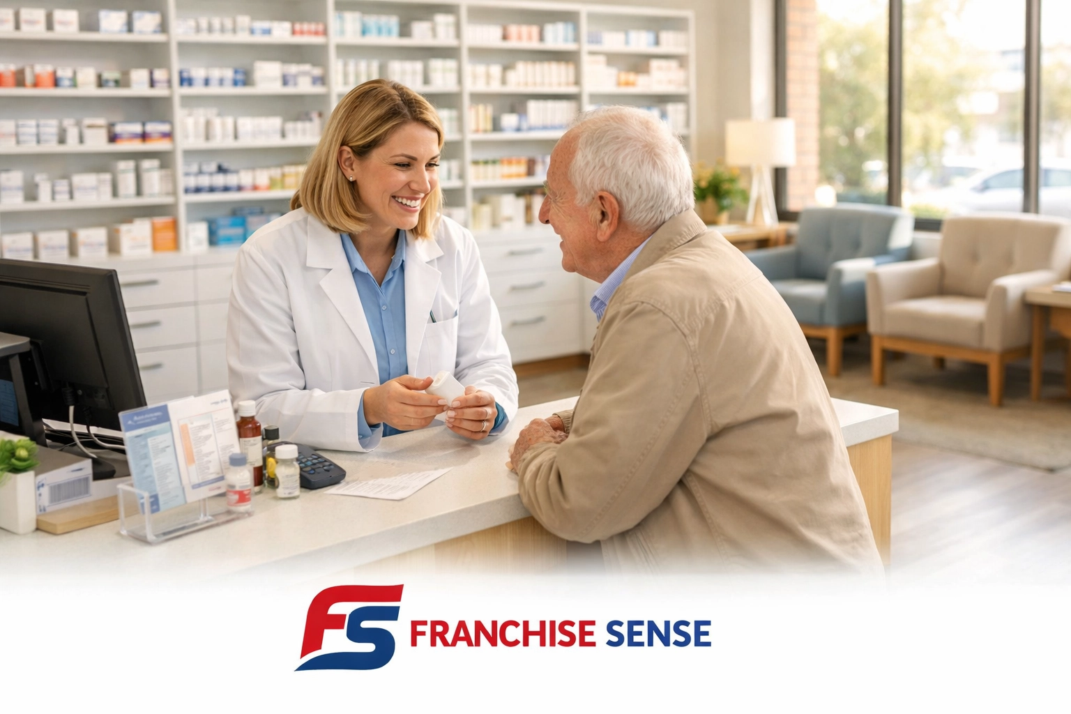 Pharmacist consulting with patient in Medicine Shoppe community pharmacy interior